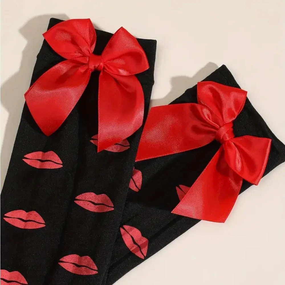Lips Kiss Mesh Thigh High Stockings Bow Decor Valentines Day Over The Knee Socks